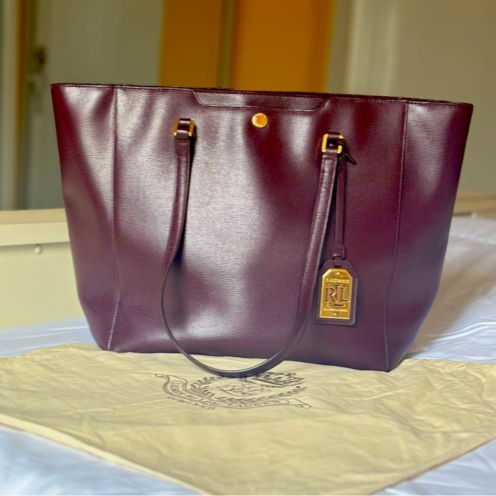 Ralph Lauren Burgundy leather zipperTote Bag
